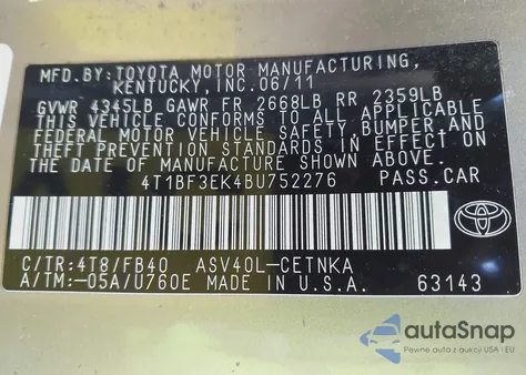 2011 Toyota Camry Le z USA, uszkodzony, nr VIN 4T1BF3EK4BU752276